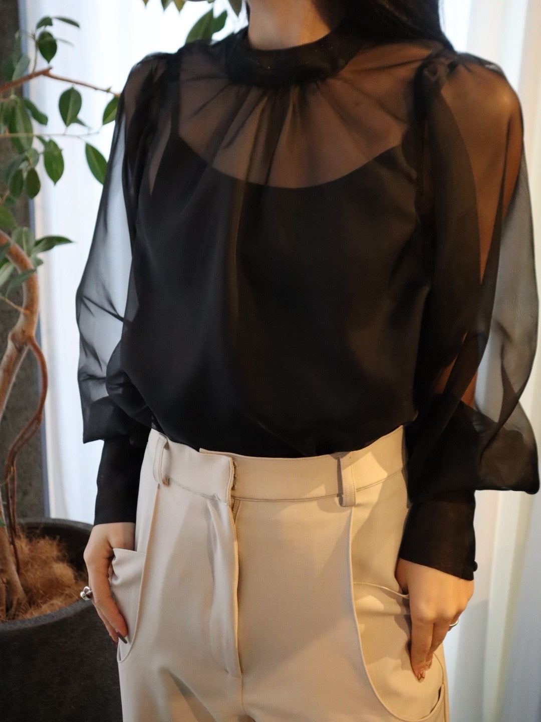 puff sleeve sheer blouse